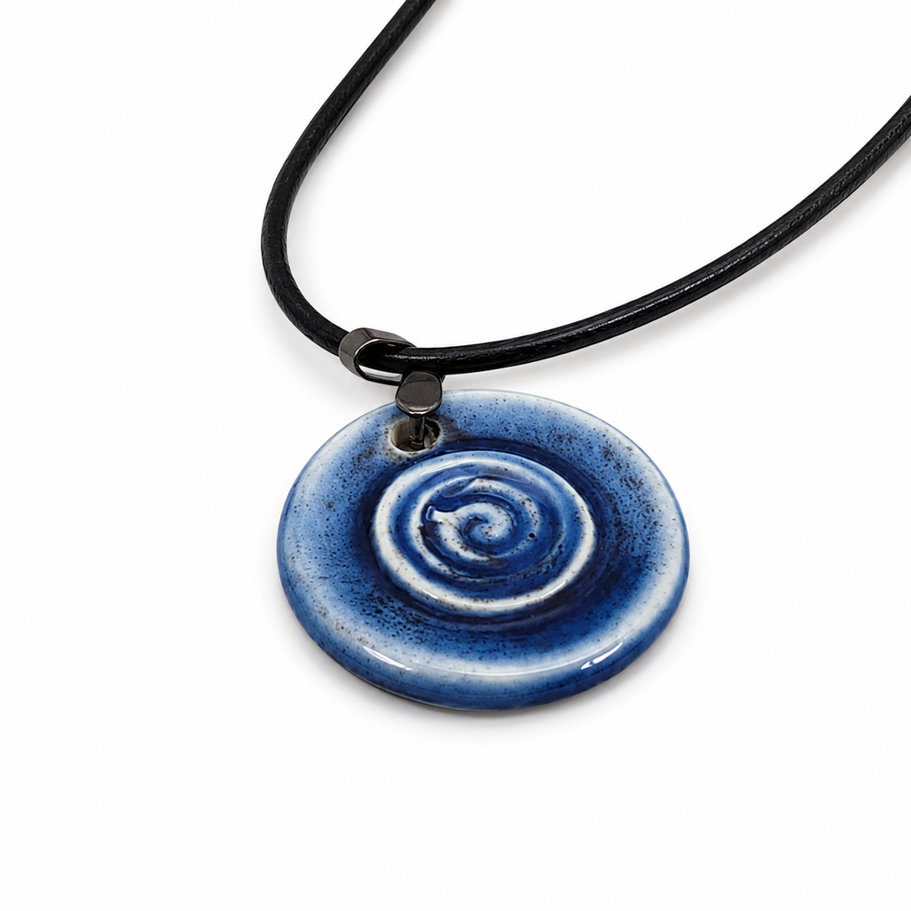 ANUVA Water Spiral Ceramic Necklace Blue Pendant Leather Cord