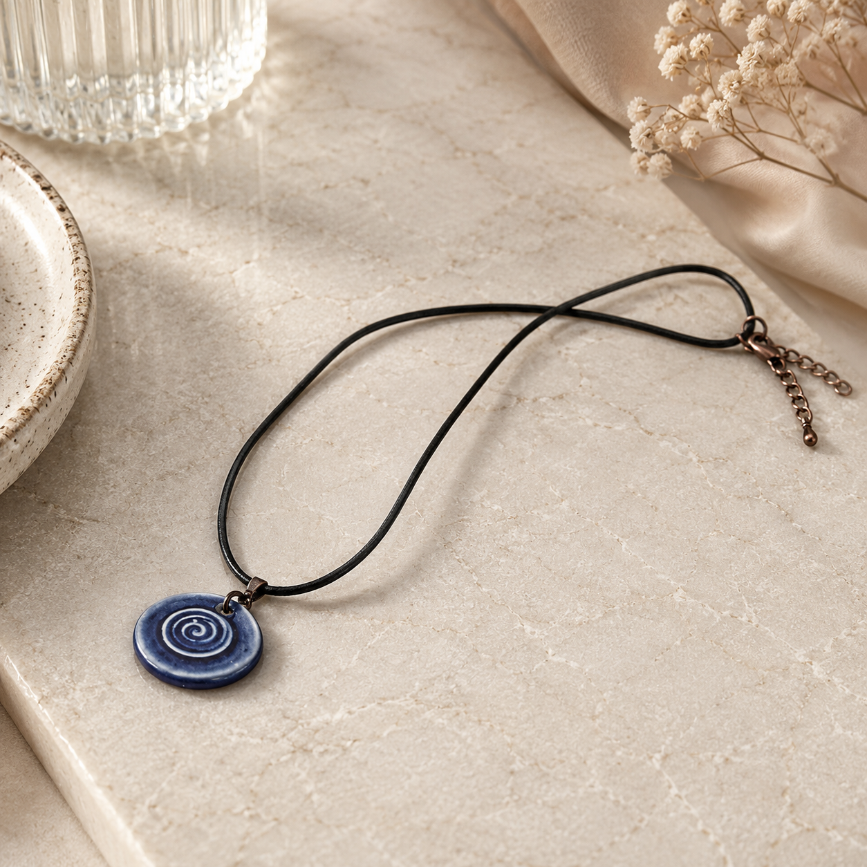 ANUVA Water Spiral Ceramic Necklace Blue Pendant Leather Cord