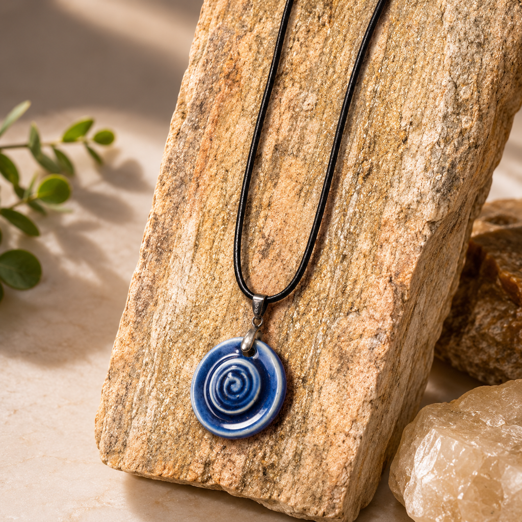 ANUVA Water Spiral Ceramic Necklace Blue Pendant Leather Cord