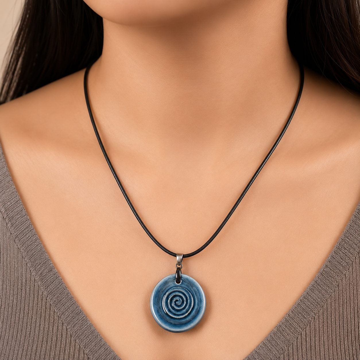 ANUVA Water Spiral Ceramic Necklace Blue Pendant Leather Cord