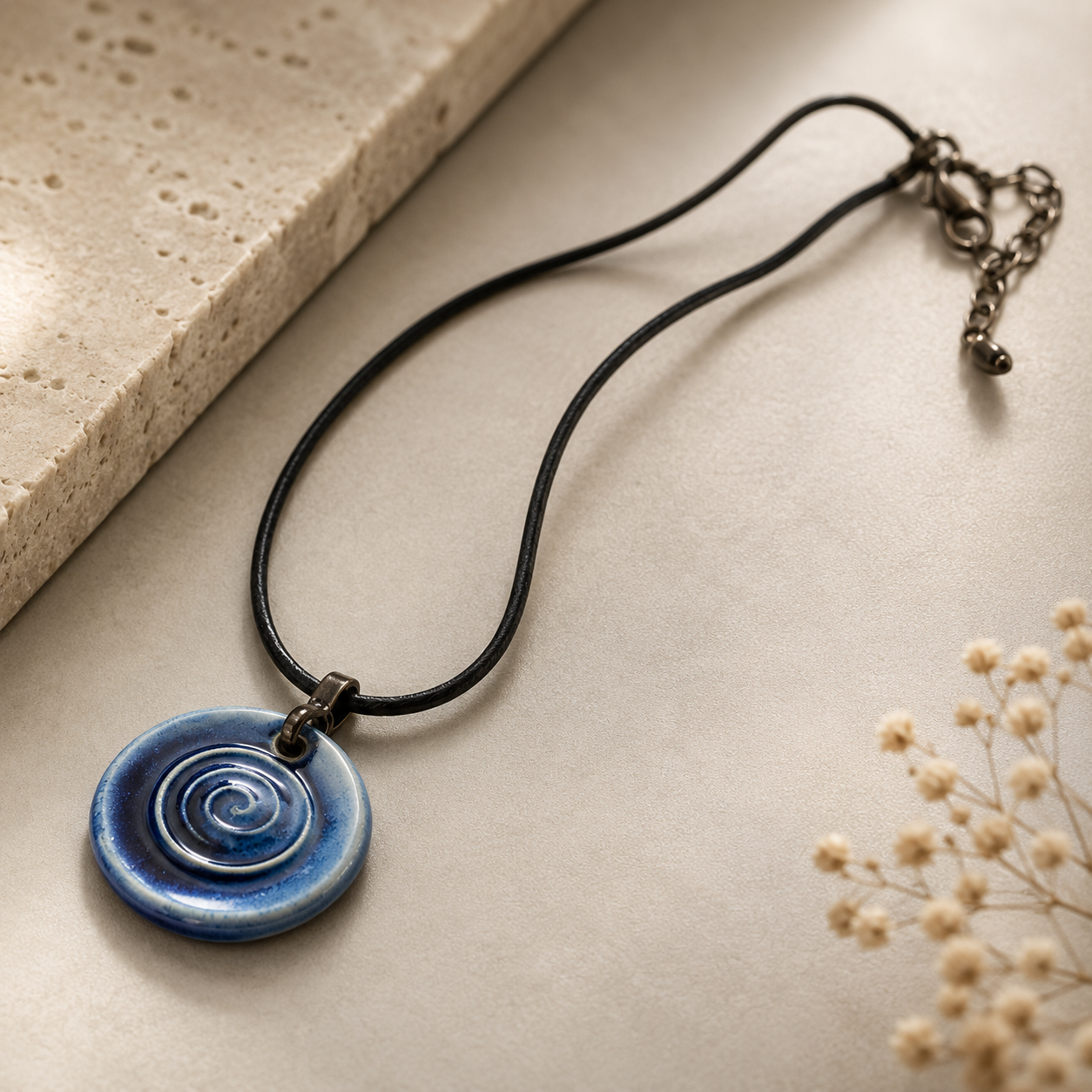 ANUVA Water Spiral Ceramic Necklace Blue Pendant Leather Cord
