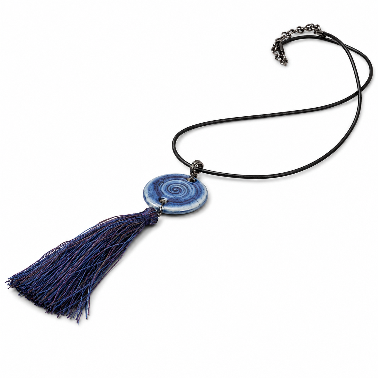 ANUVA Water Spiral Ceramic Tassel Necklace Blue Boho Cord