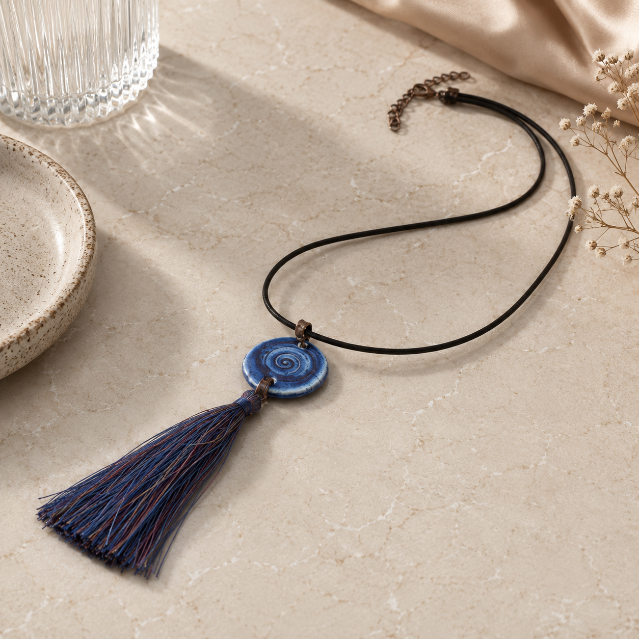 ANUVA Water Spiral Ceramic Tassel Necklace Blue Boho Cord