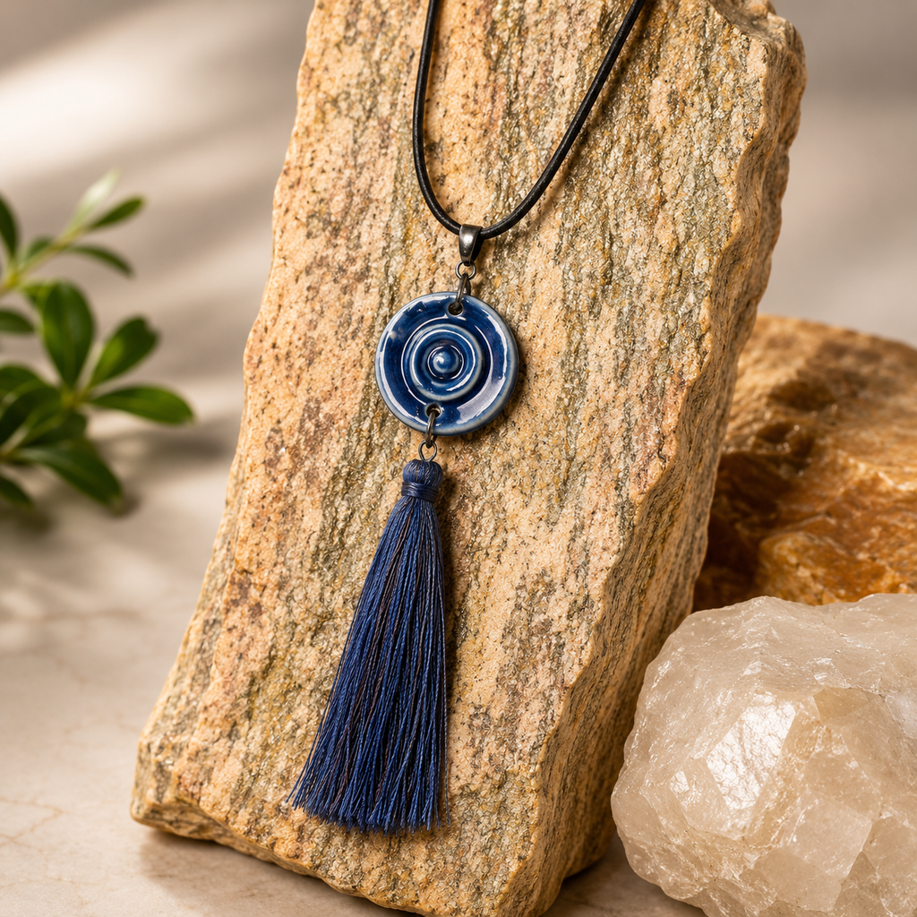 ANUVA Water Spiral Ceramic Tassel Necklace Blue Boho Cord
