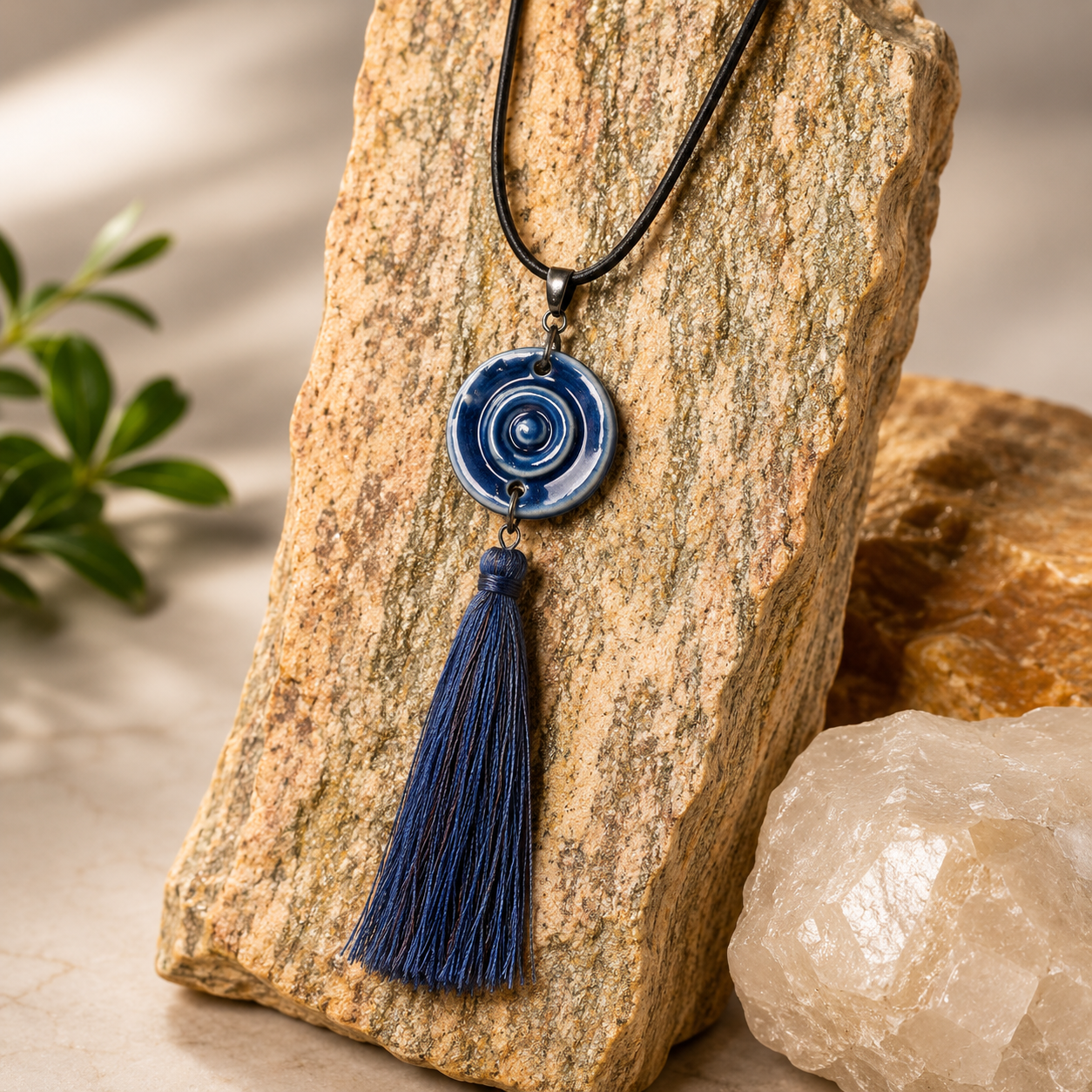 ANUVA Water Spiral Ceramic Tassel Necklace Blue Boho Cord