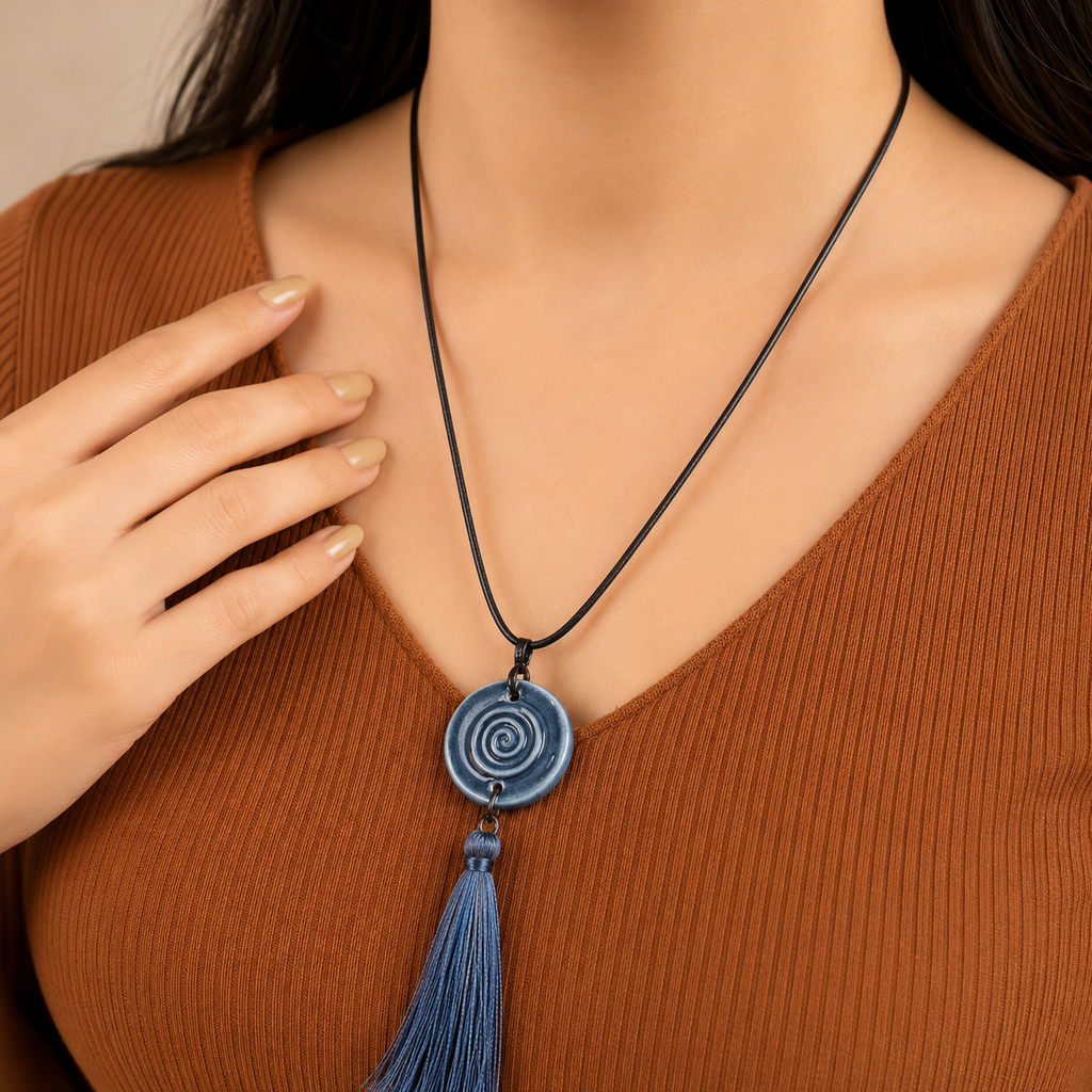 ANUVA Water Spiral Ceramic Tassel Necklace Blue Boho Cord