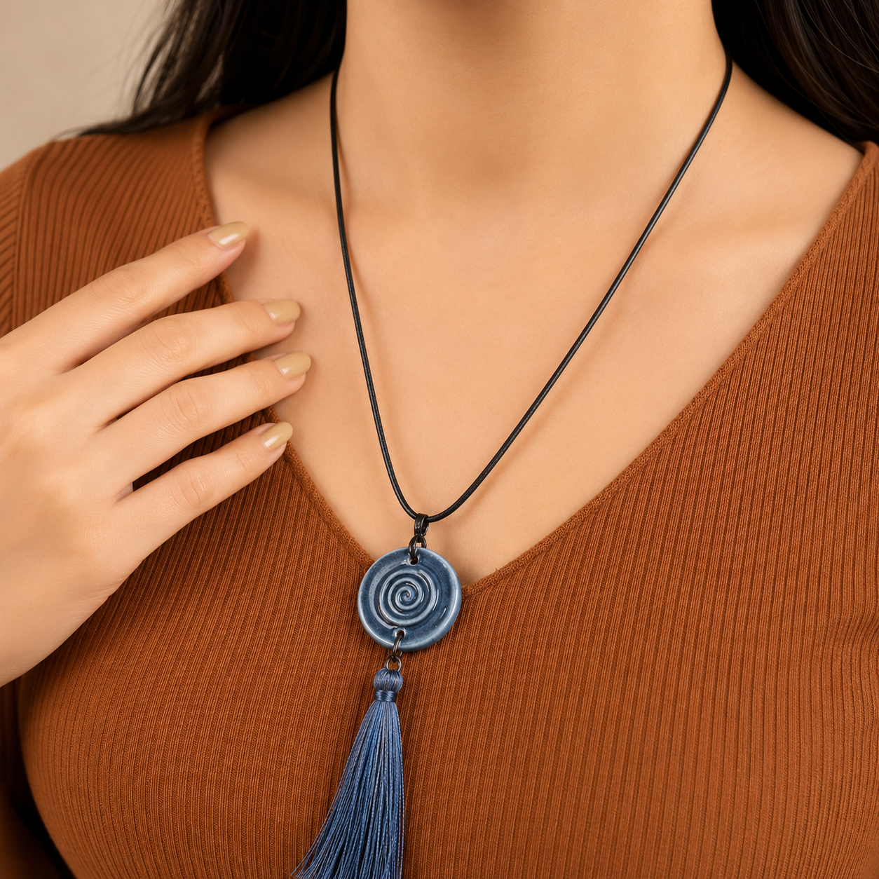 ANUVA Water Spiral Ceramic Tassel Necklace Blue Boho Cord