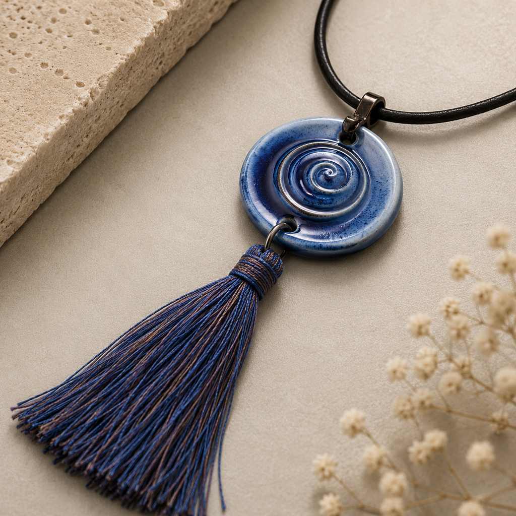 ANUVA Water Spiral Ceramic Tassel Necklace Blue Boho Cord