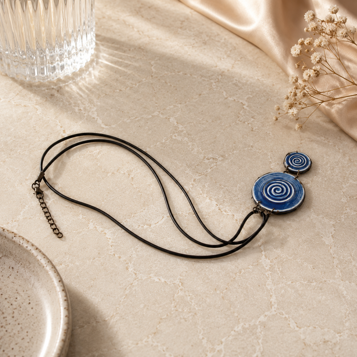 ANUVA Water Spiral Double Ceramic Necklace Blue Pendant Cord