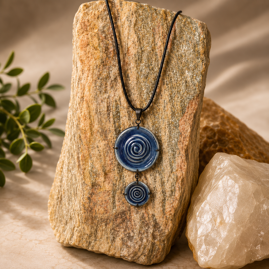 ANUVA Water Spiral Double Ceramic Necklace Blue Pendant Cord