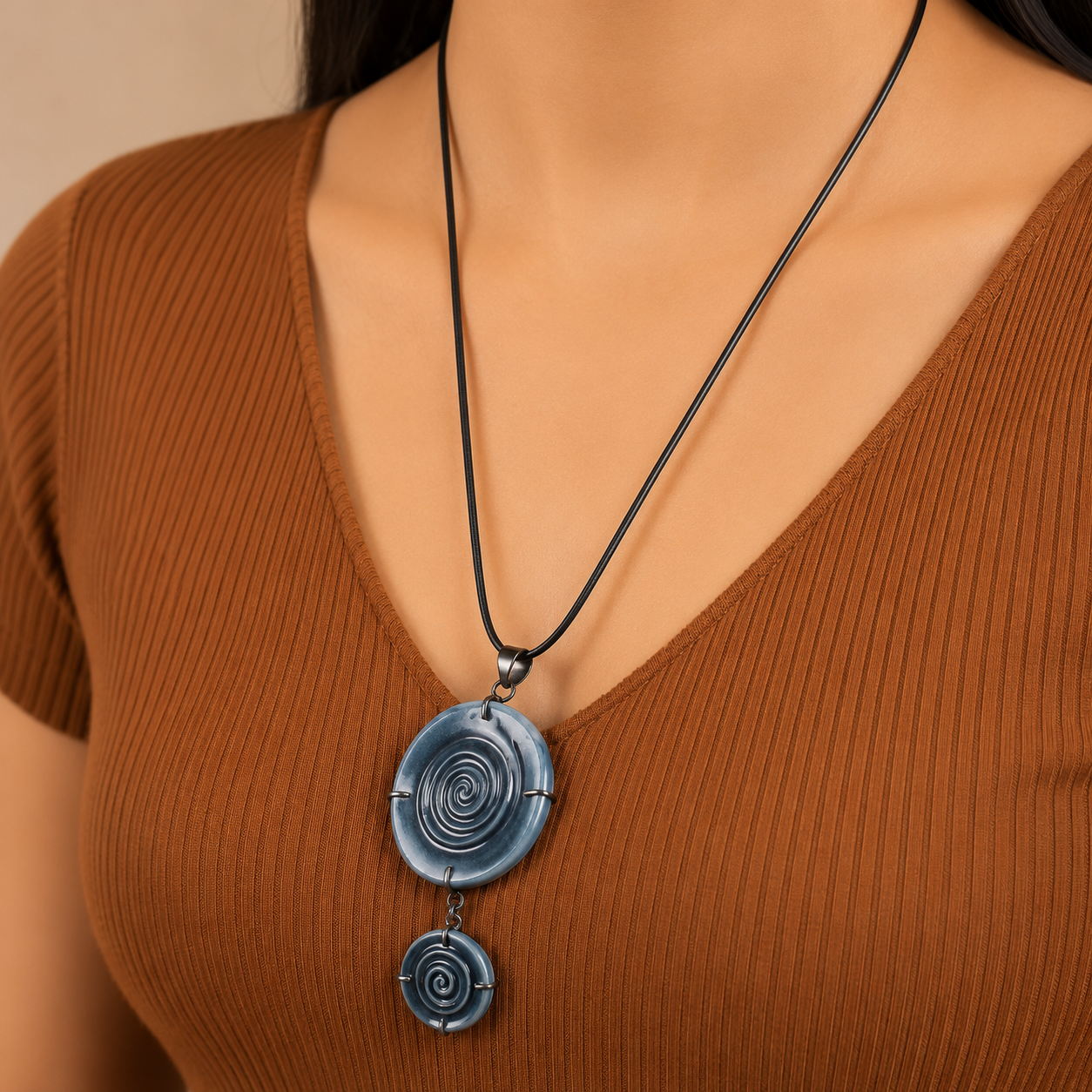ANUVA Water Spiral Double Ceramic Necklace Blue Pendant Cord