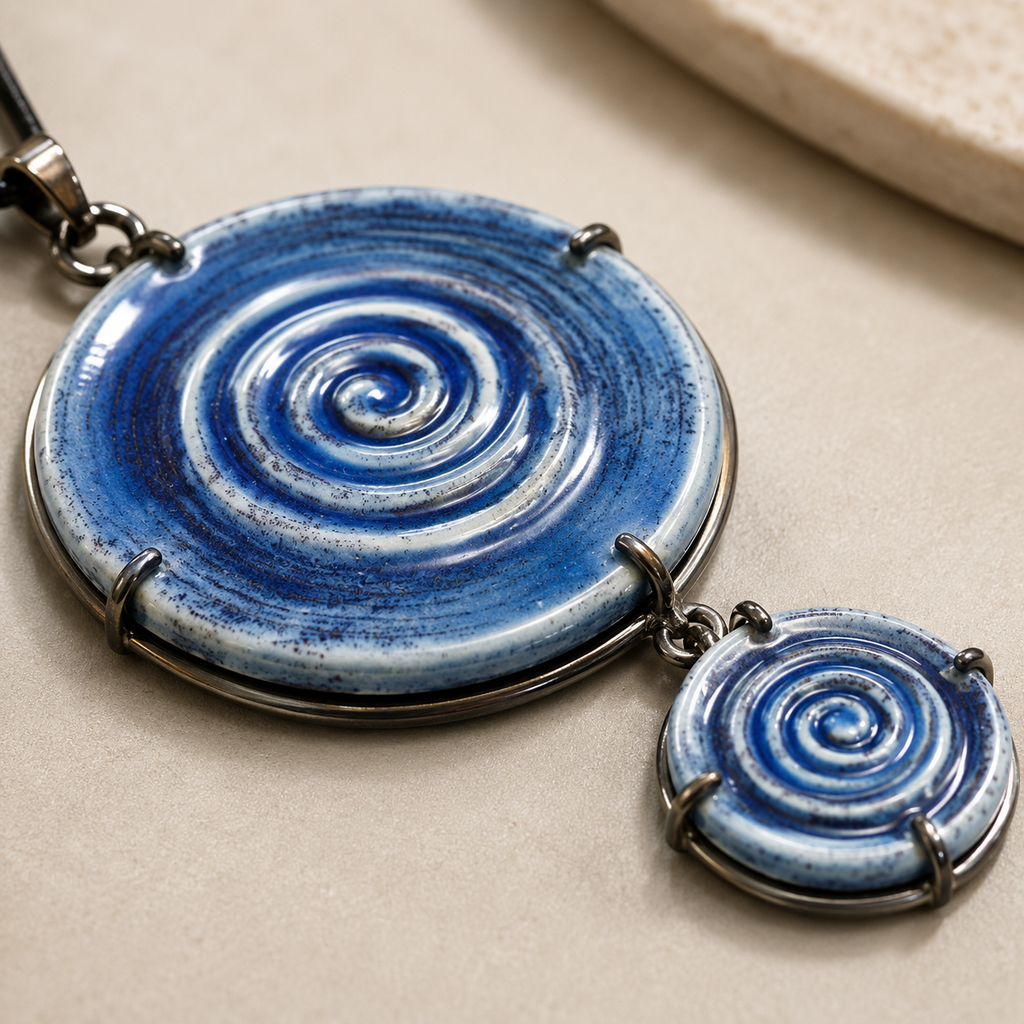 ANUVA Water Spiral Double Ceramic Necklace Blue Pendant Cord