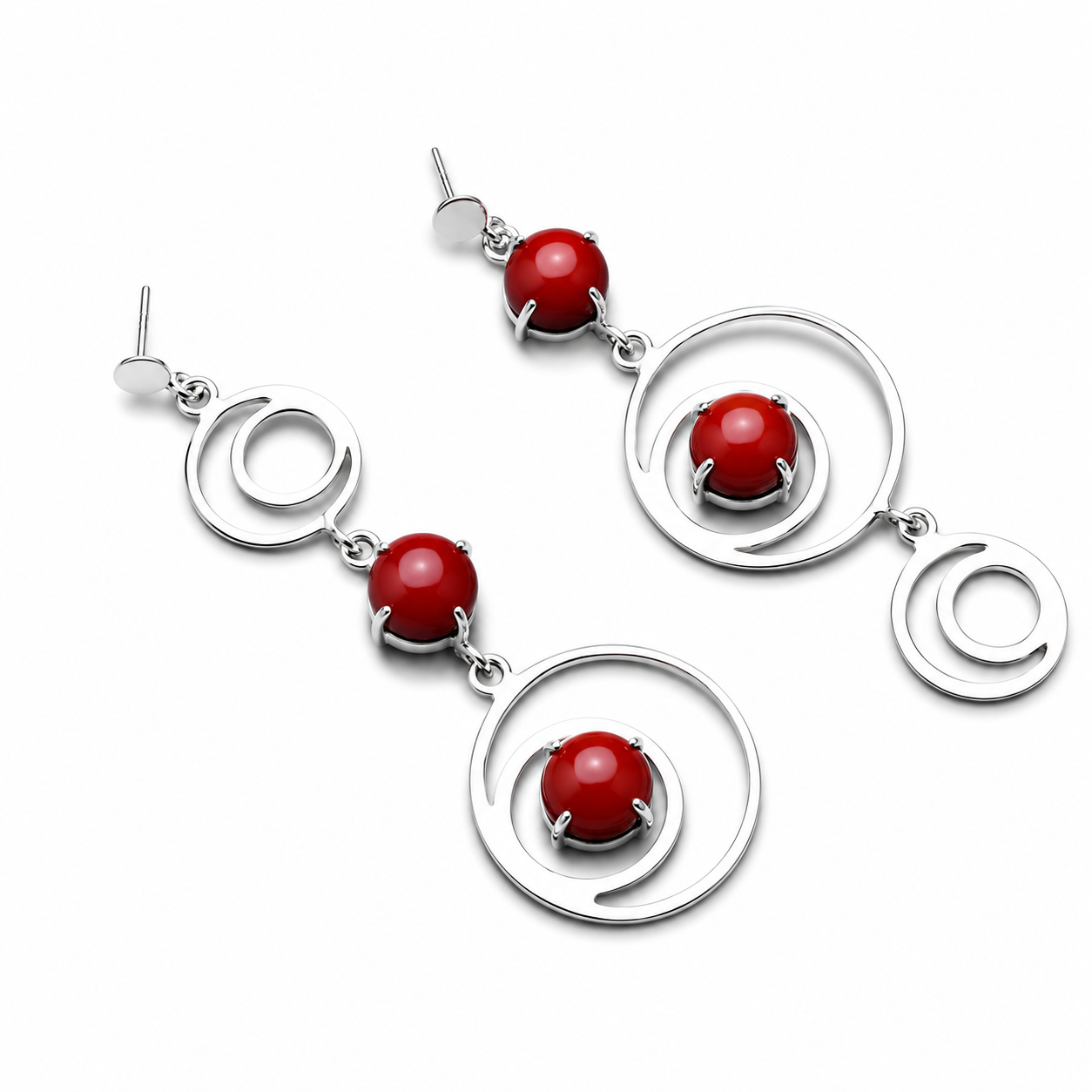 ANUVA Cosmos Dangle Earrings Silver Brass Orbit & Red Stone