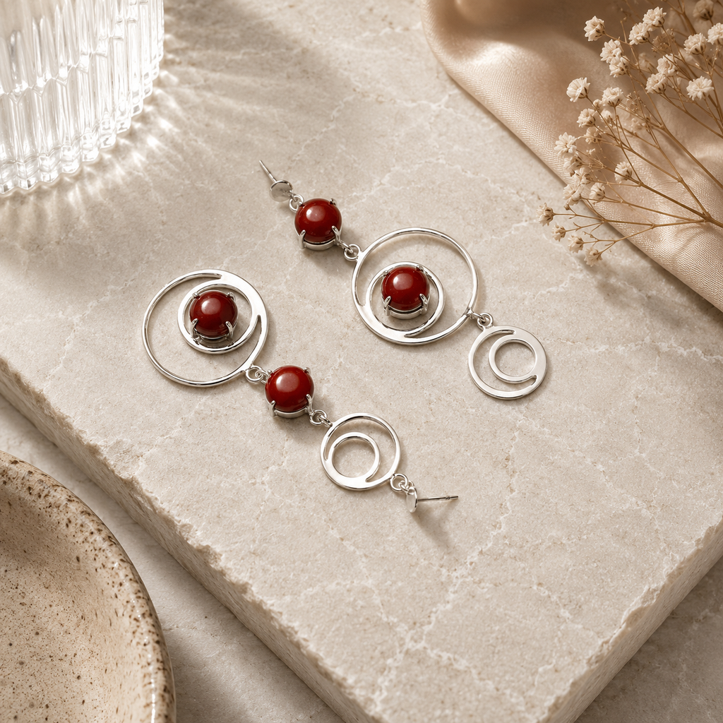 ANUVA Cosmos Dangle Earrings Silver Brass Orbit & Red Stone