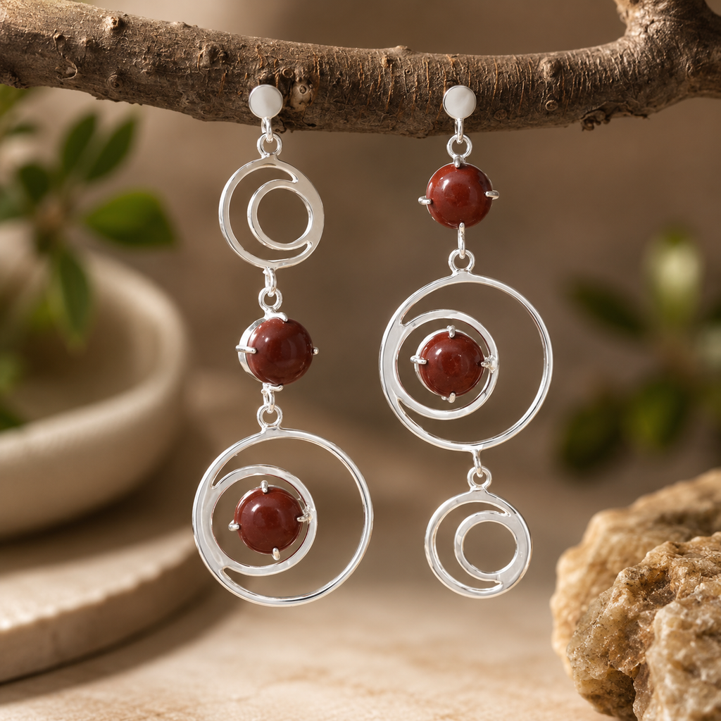 ANUVA Cosmos Dangle Earrings Silver Brass Orbit & Red Stone