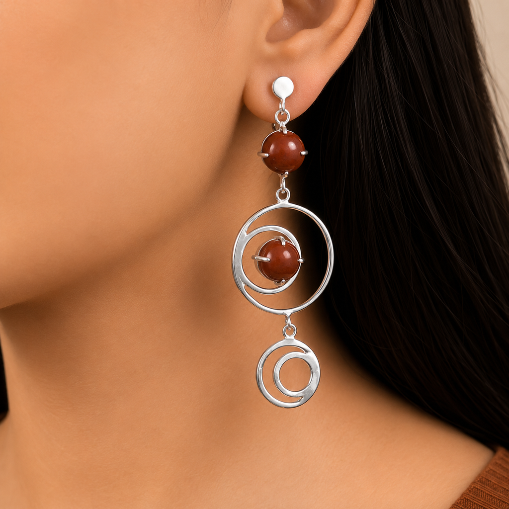 ANUVA Cosmos Dangle Earrings Silver Brass Orbit & Red Stone
