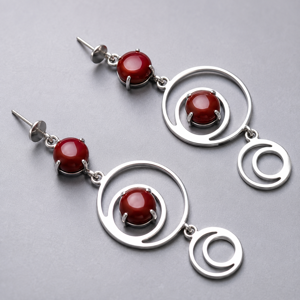 ANUVA Cosmos Dangle Earrings Silver Brass Orbit & Red Stone