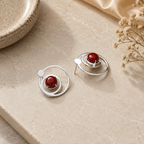 ANUVA Cosmos Stud Earrings Silver Orbit & Red Stone Minimal
