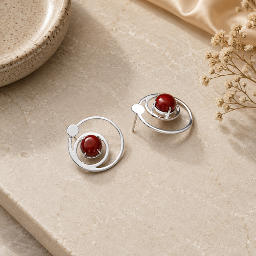 ANUVA Cosmos Stud Earrings Silver Orbit & Red Stone Minimal