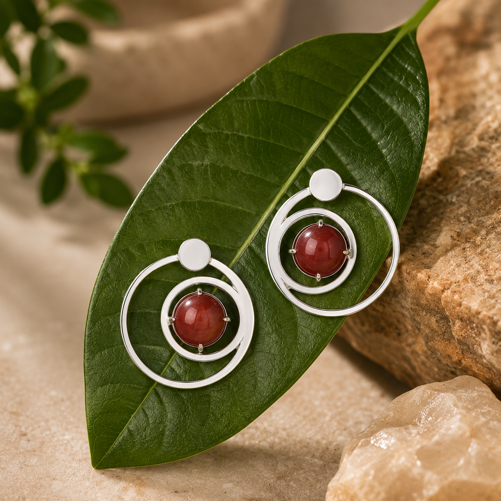ANUVA Cosmos Stud Earrings Silver Orbit & Red Stone Minimal