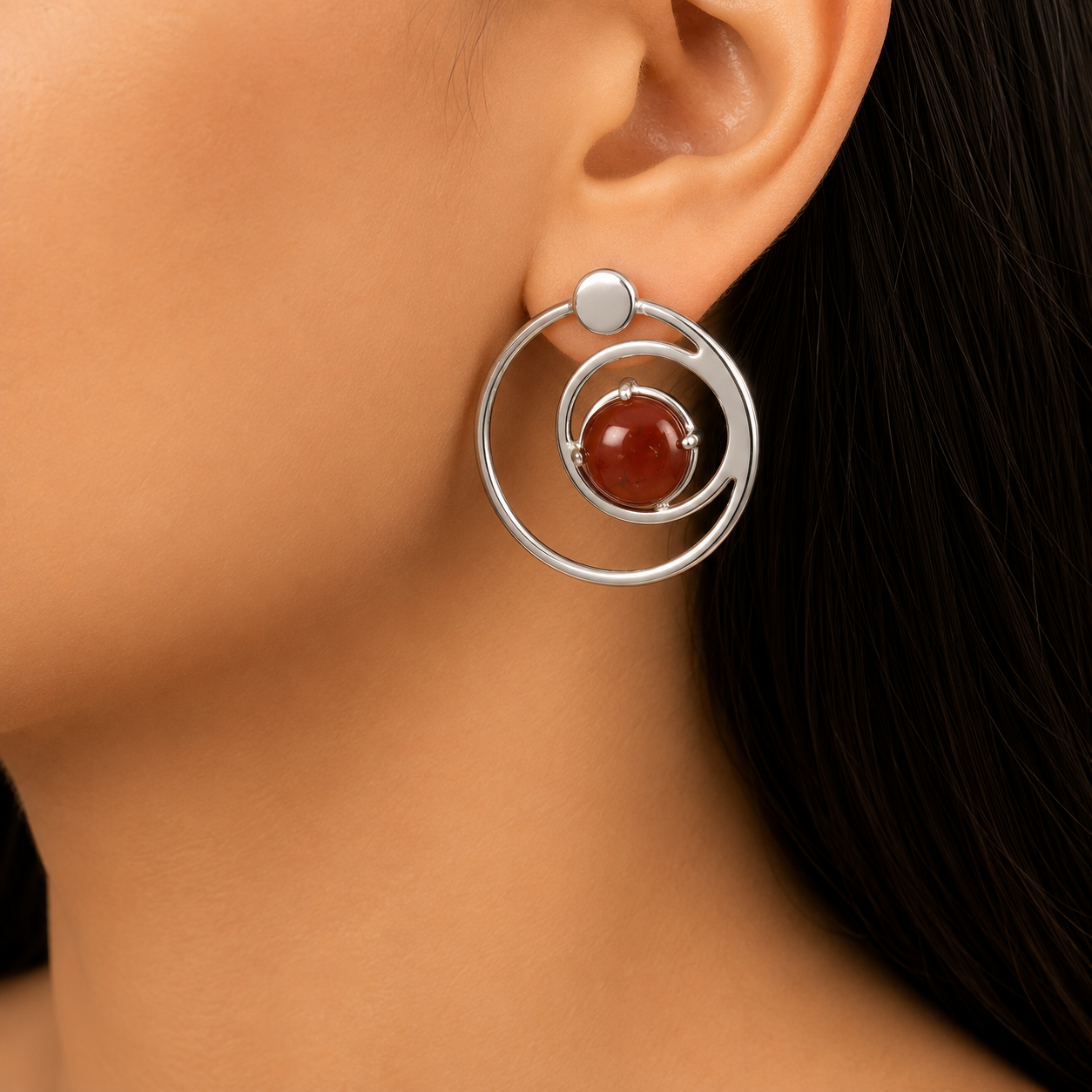 ANUVA Cosmos Stud Earrings Silver Orbit & Red Stone Minimal
