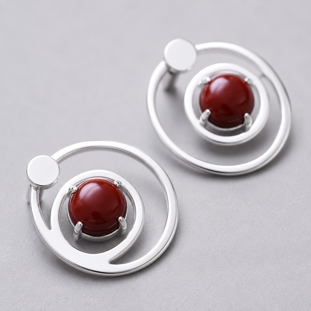 ANUVA Cosmos Stud Earrings Silver Orbit & Red Stone Minimal