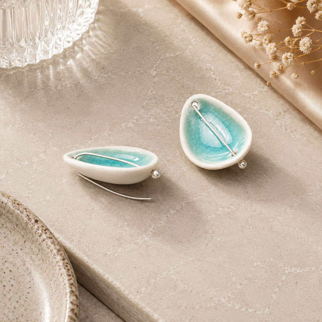 ANUVA Deep Lakes Ceramic Stud Earrings Blue Crackle Glaze