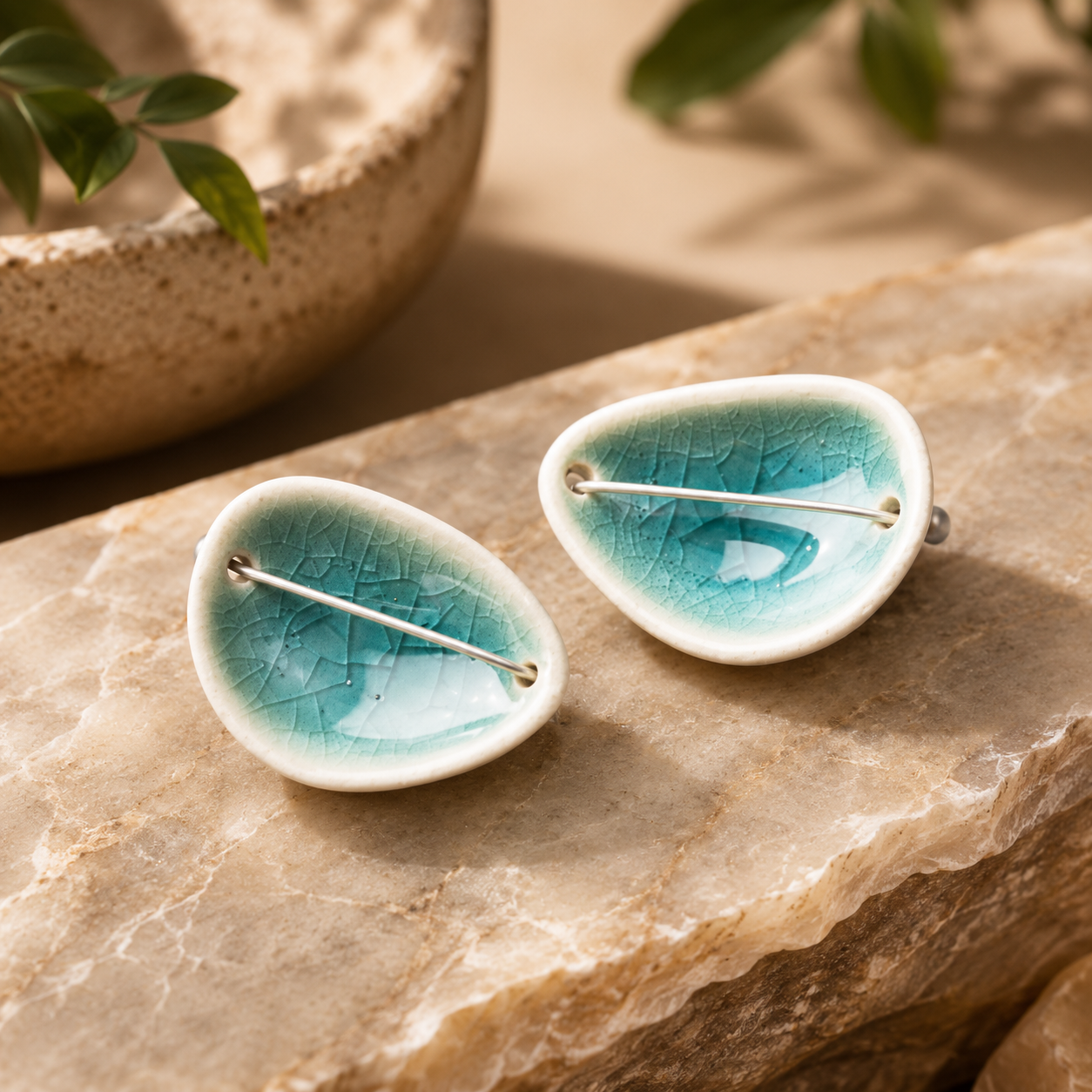 ANUVA Deep Lakes Ceramic Stud Earrings Blue Crackle Glaze