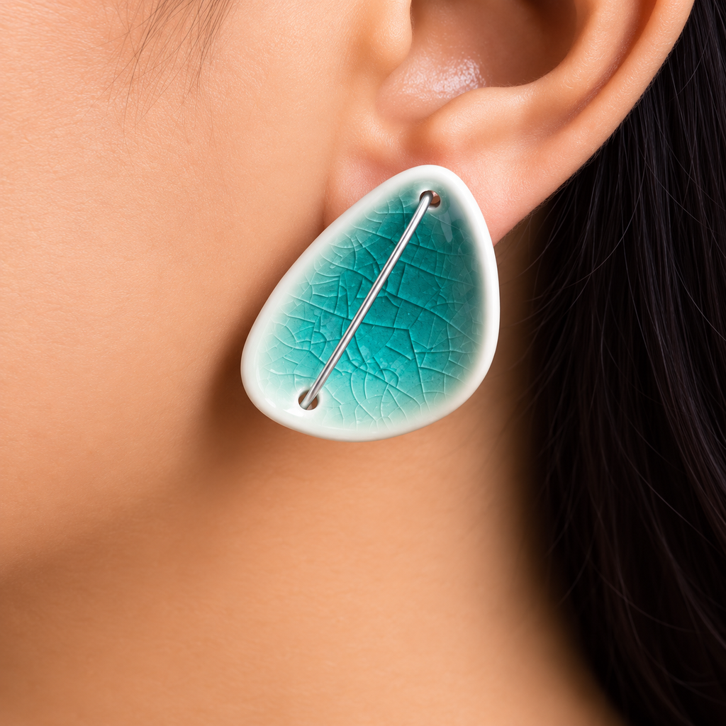 ANUVA Deep Lakes Ceramic Stud Earrings Blue Crackle Glaze