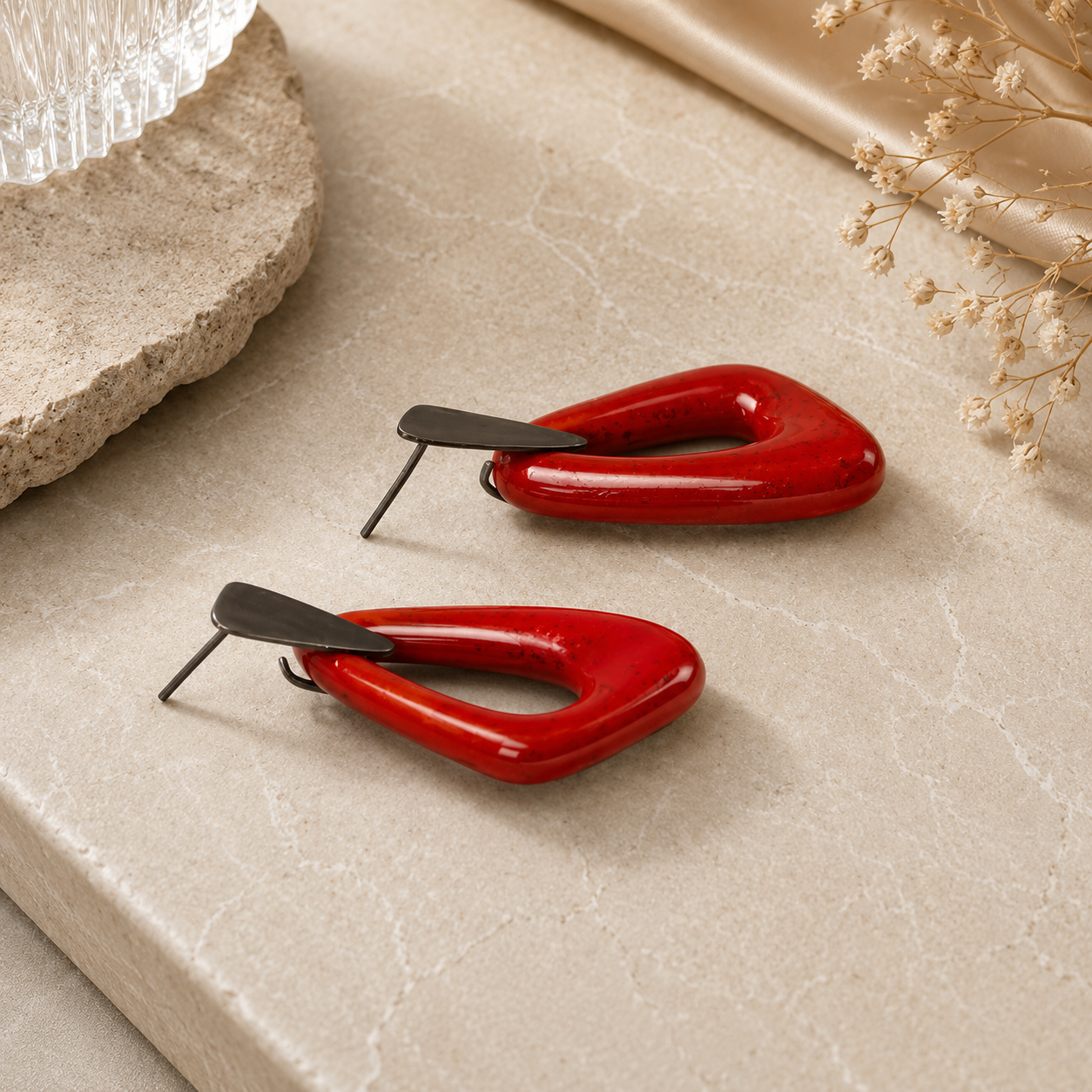 ANUVA Organic Ceramic Stud Earrings Red Sculptural Drop