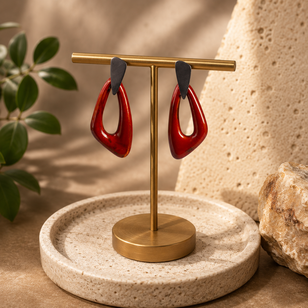 ANUVA Organic Ceramic Stud Earrings Red Sculptural Drop