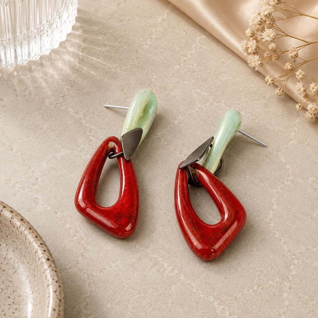 ANUVA Organic Double Ceramic Dangle Earrings Red & Mint