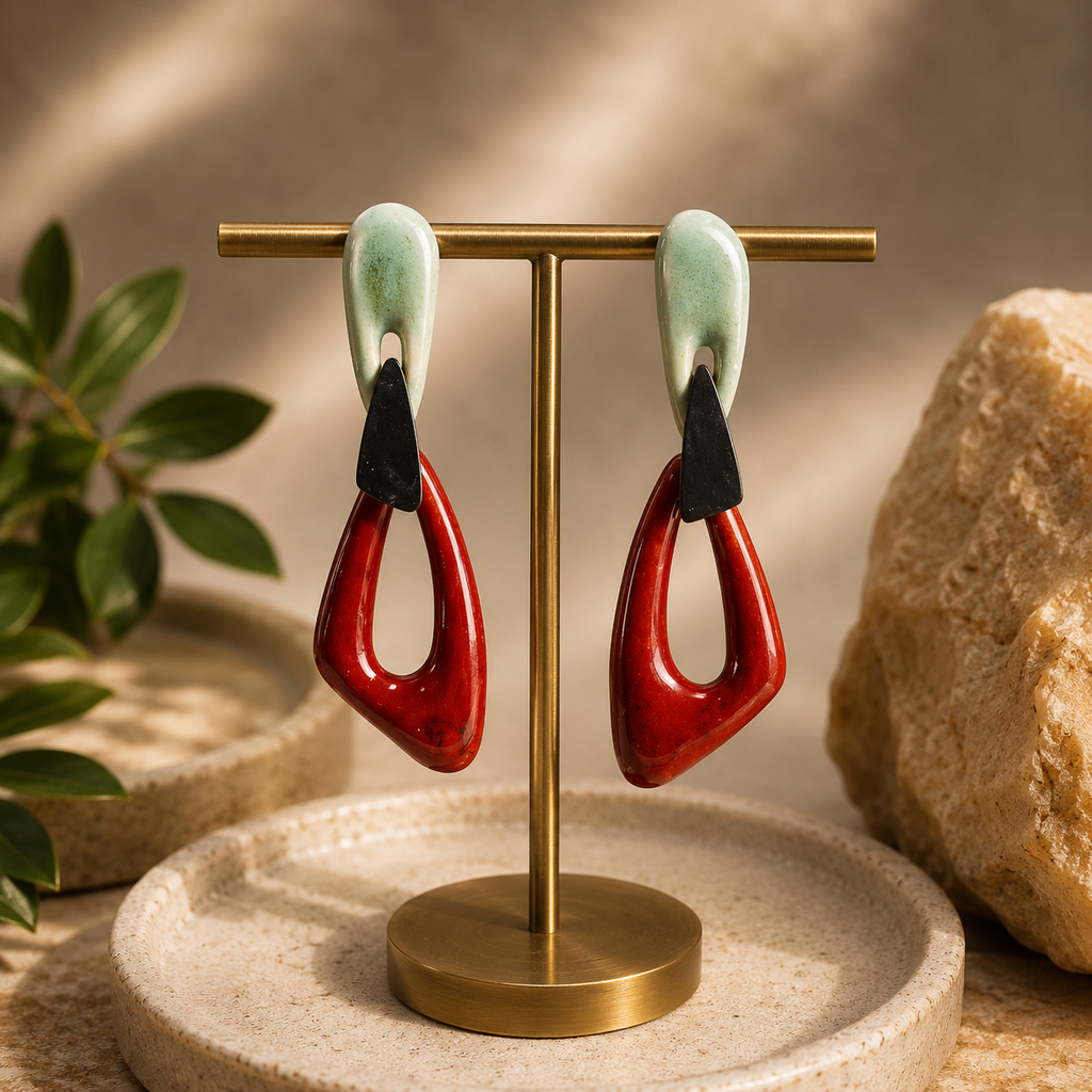 ANUVA Organic Double Ceramic Dangle Earrings Red & Mint