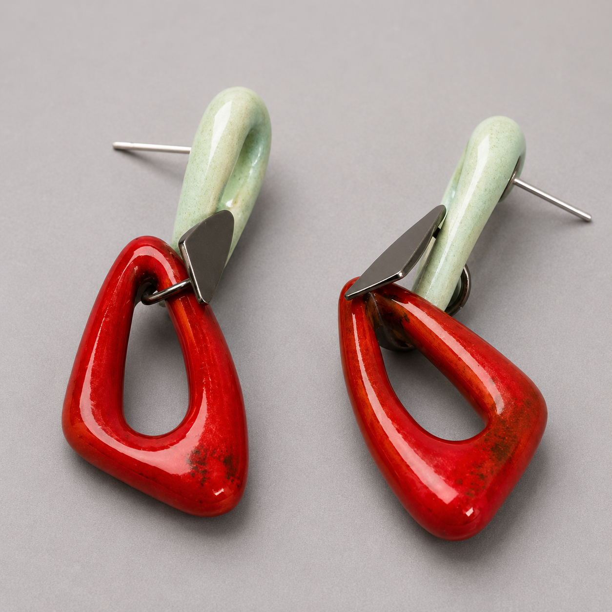 ANUVA Organic Double Ceramic Dangle Earrings Red & Mint
