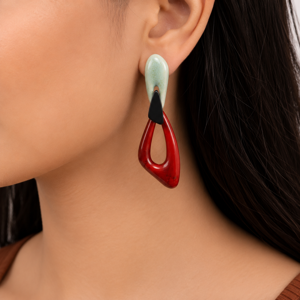 ANUVA Organic Double Ceramic Dangle Earrings Red & Mint