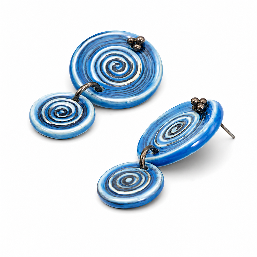ANUVA Water Spiral Double Ceramic Dangle Earrings Blue Spiral