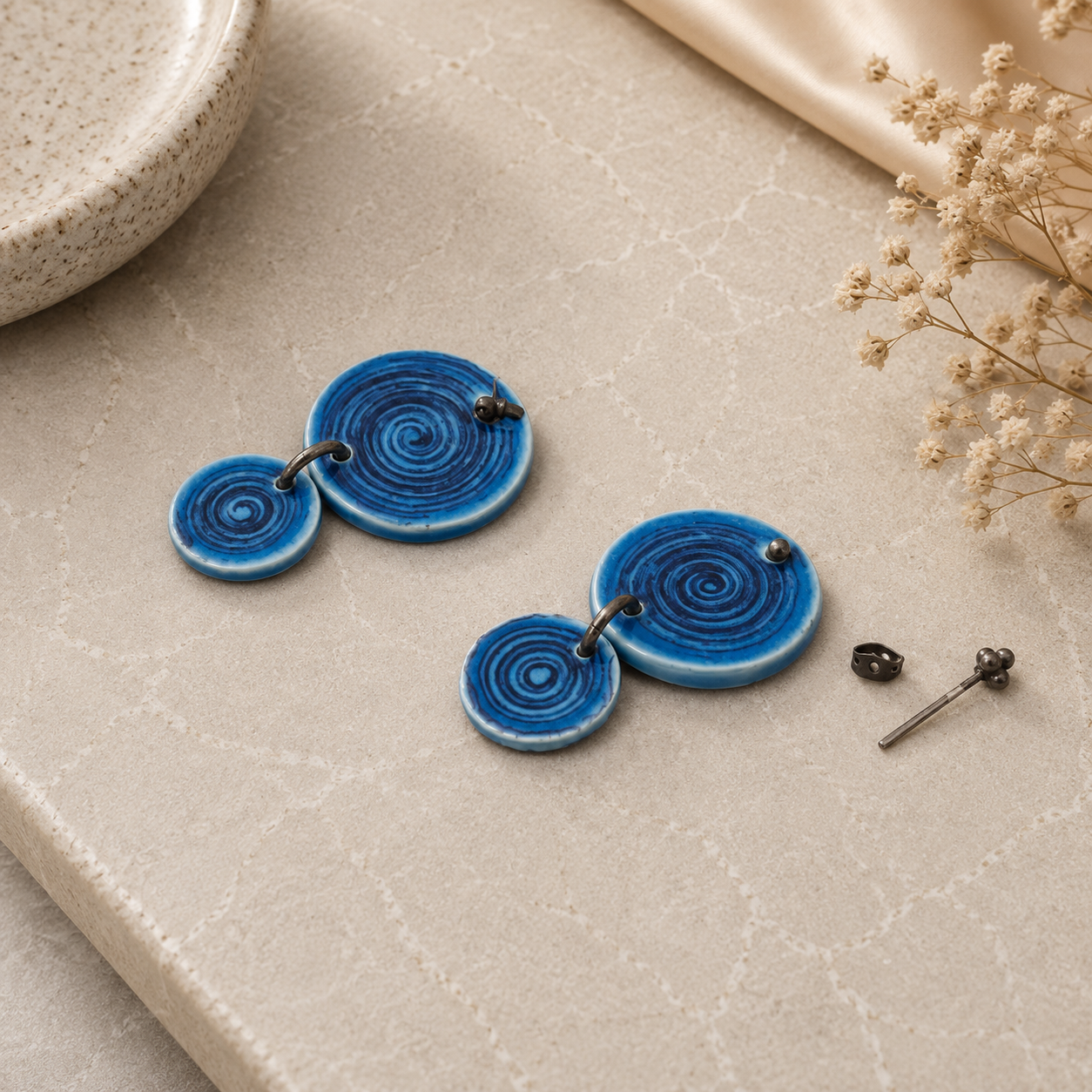 ANUVA Water Spiral Double Ceramic Dangle Earrings Blue Spiral