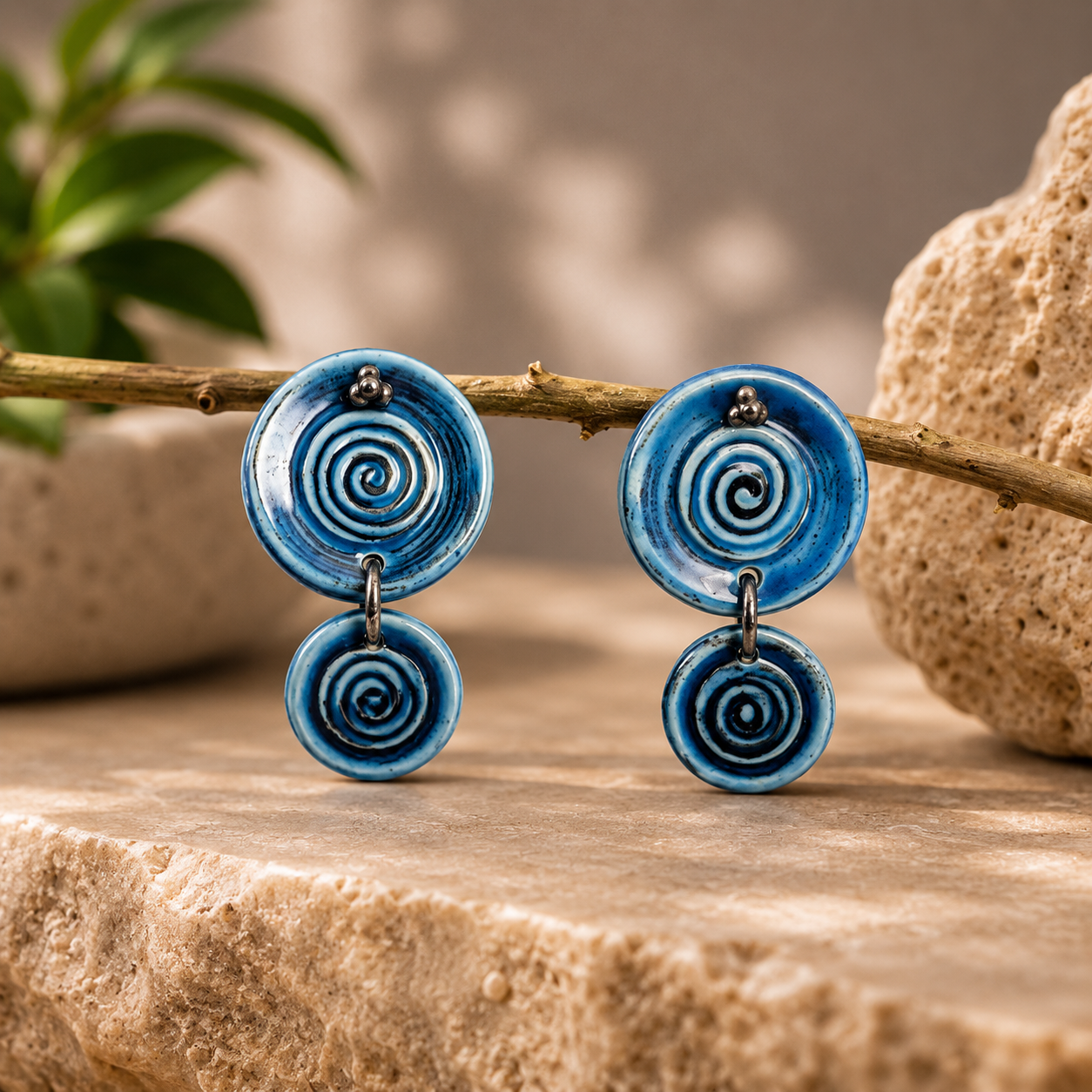 ANUVA Water Spiral Double Ceramic Dangle Earrings Blue Spiral