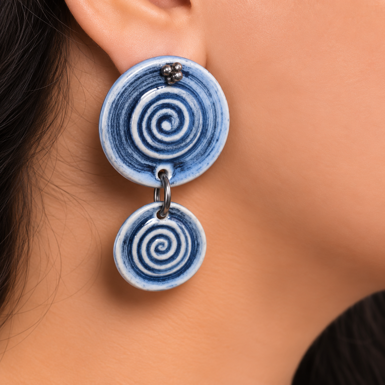 ANUVA Water Spiral Double Ceramic Dangle Earrings Blue Spiral