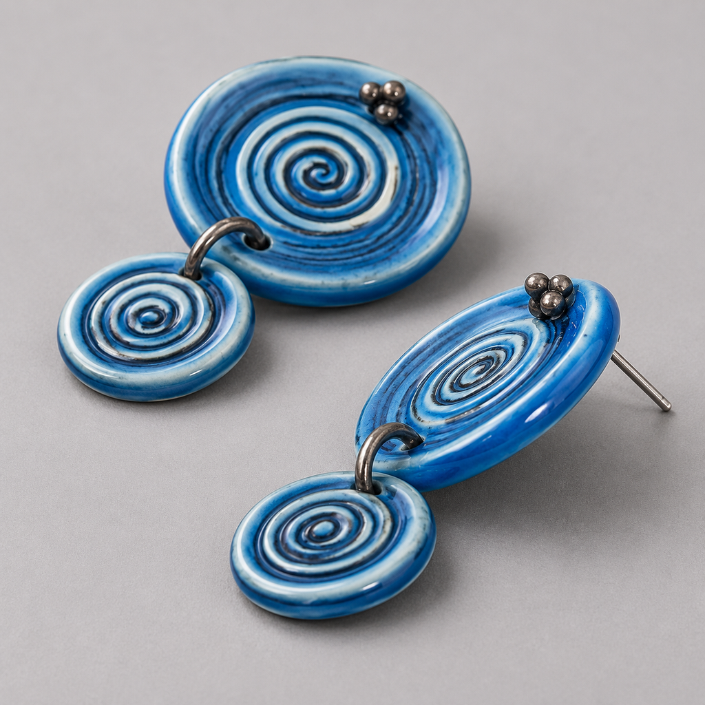 ANUVA Water Spiral Double Ceramic Dangle Earrings Blue Spiral