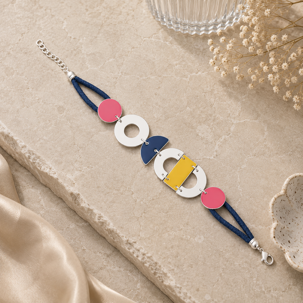 ANUVA Bauhaus Bracelet Silver Brass & Thread Colour Block