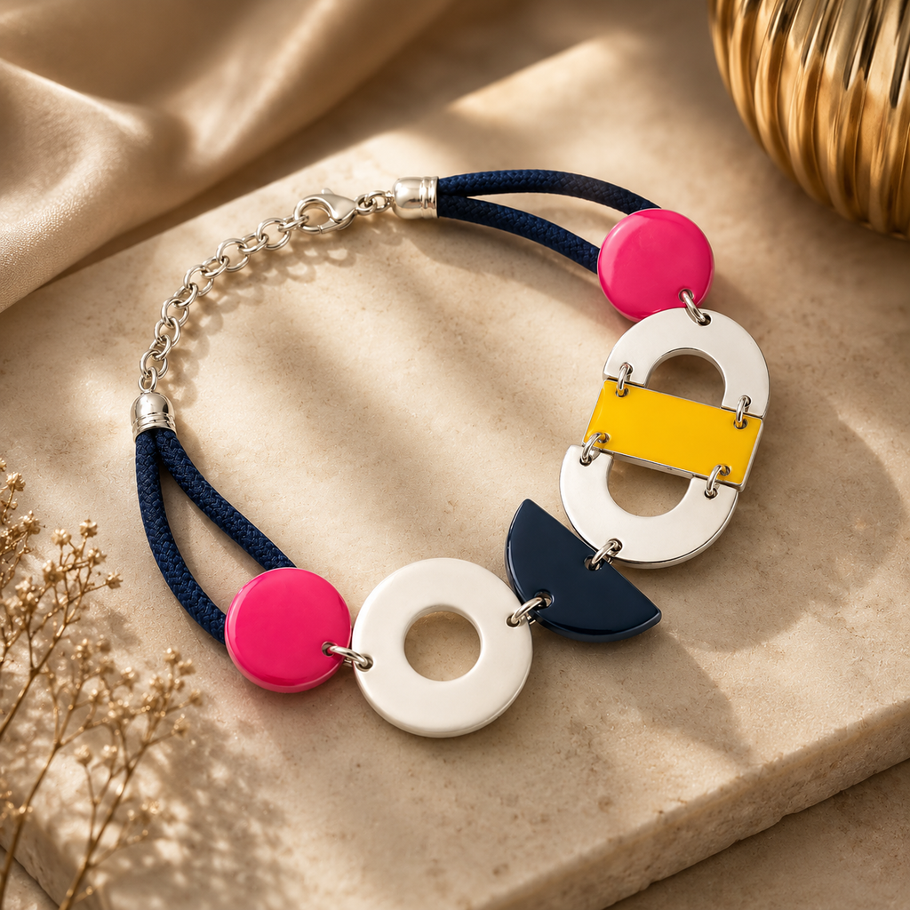 ANUVA Bauhaus Bracelet Silver Brass & Thread Colour Block