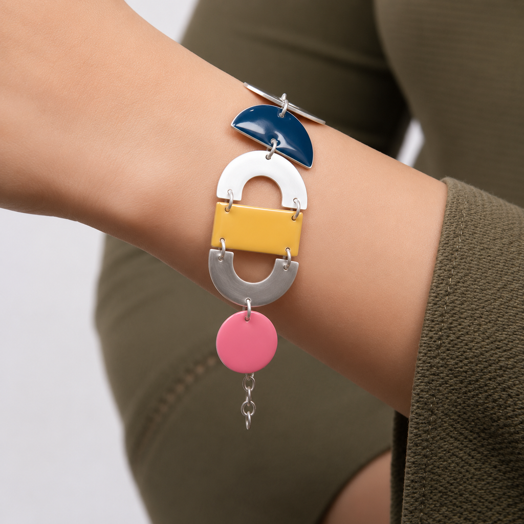 ANUVA Bauhaus Bracelet Silver Brass & Thread Colour Block