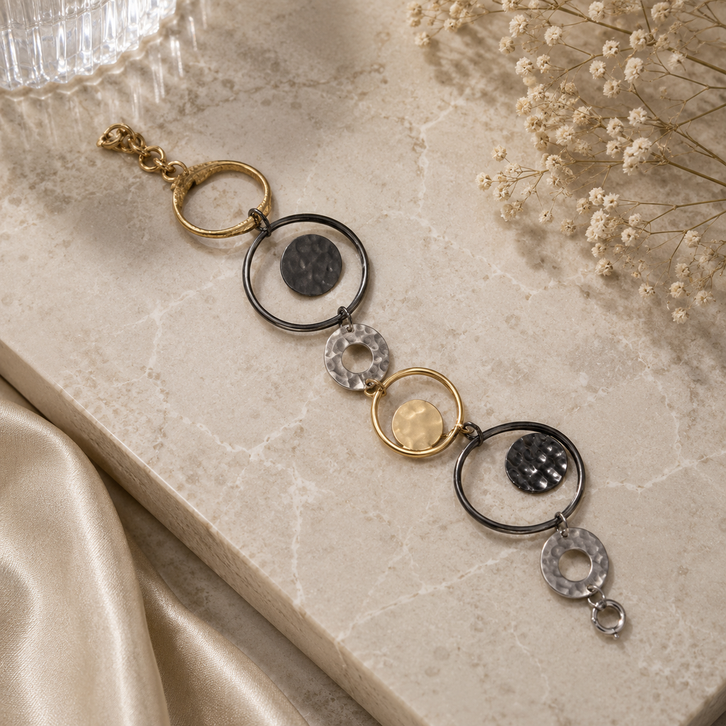 ANUVA Moon Bracelet Black & Gold Brass Disc Link Celestial