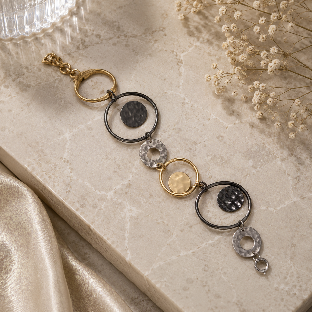 ANUVA Moon Bracelet Black & Gold Brass Disc Link Celestial