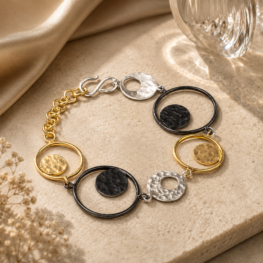 ANUVA Moon Bracelet Black & Gold Brass Disc Link Celestial
