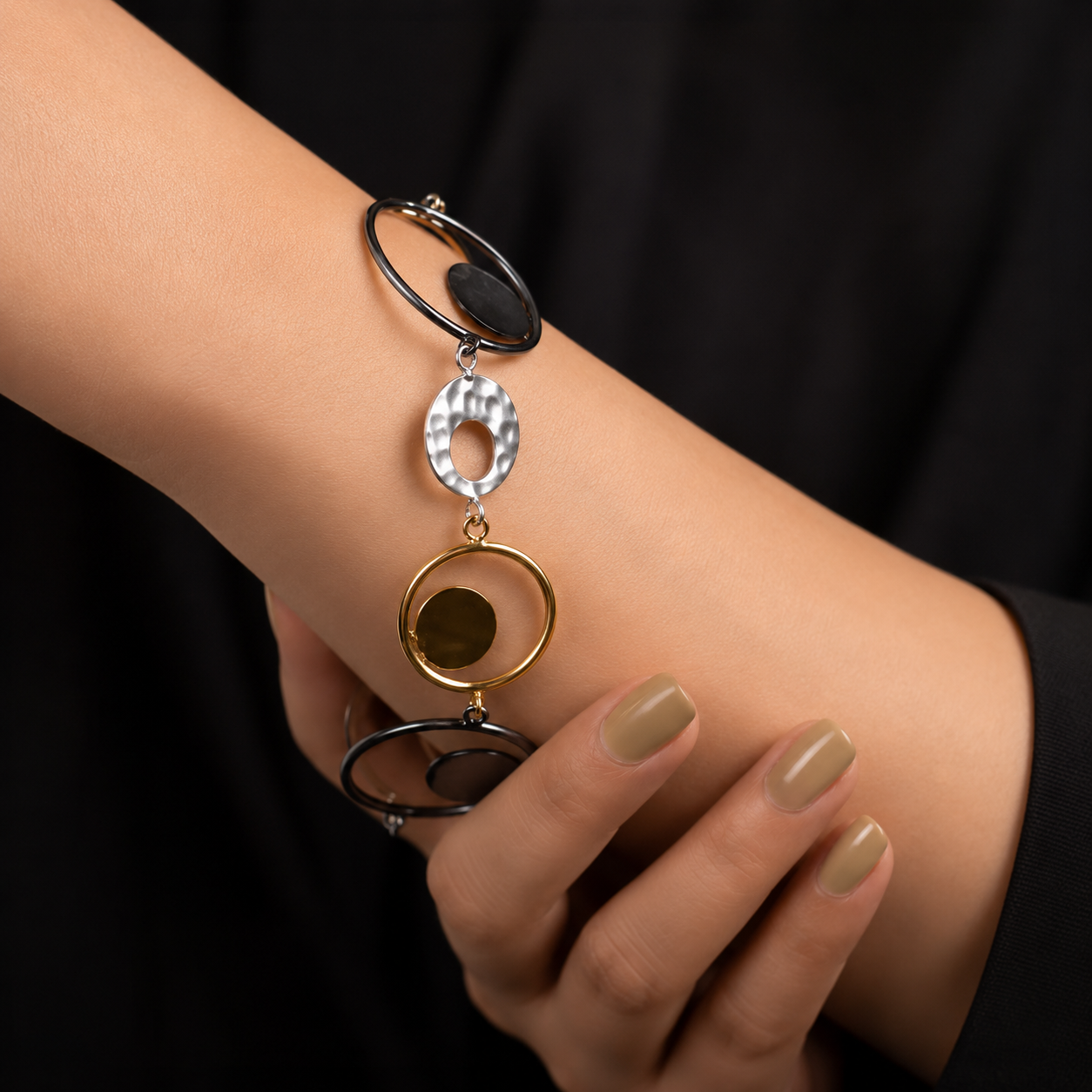 ANUVA Moon Bracelet Black & Gold Brass Disc Link Celestial