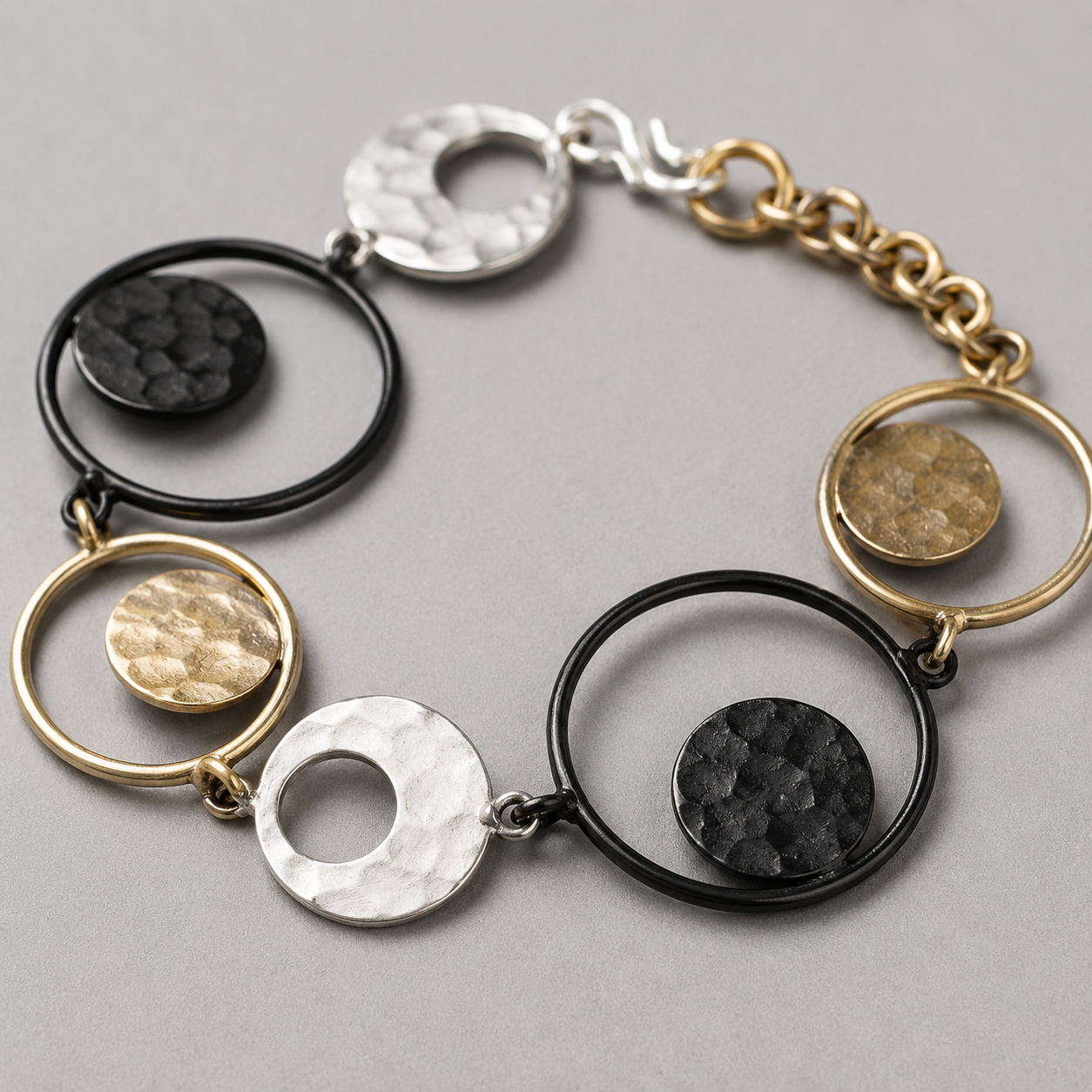 ANUVA Moon Bracelet Black & Gold Brass Disc Link Celestial