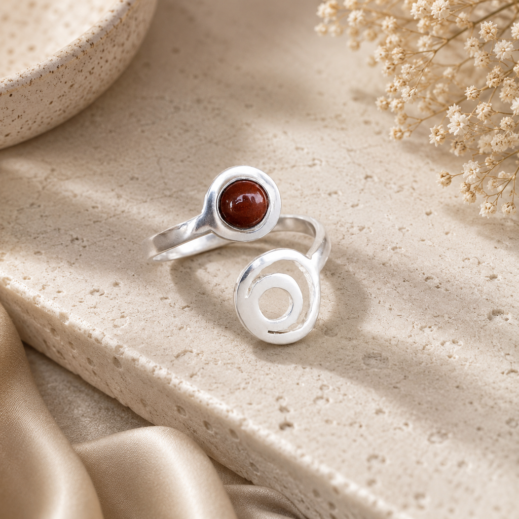 ANUVA Cosmos Ring Silver Orbit & Red Stone Open Adjustable