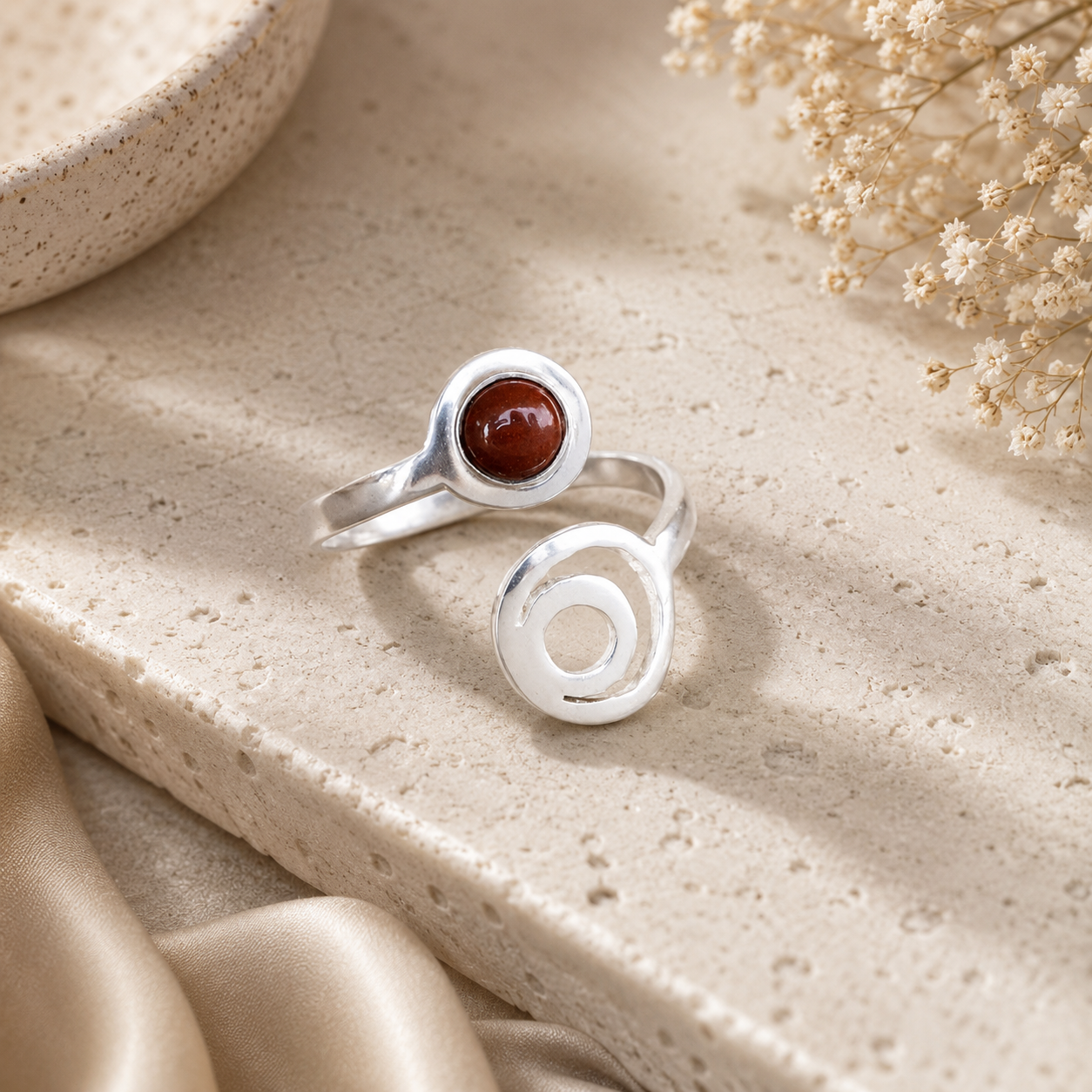 ANUVA Cosmos Ring Silver Orbit & Red Stone Open Adjustable